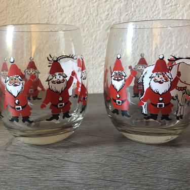 Vintage Set of 6 Georges Briard Christmas Glasses Santa &amp; Reindeer Roly Poly Glasses Holiday Glassware 