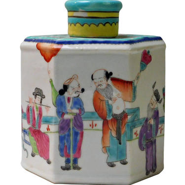 Handmade Chinese Colorful Painting Eight Immortal Hexagon Shape Porcelain Tea Jar n241E 