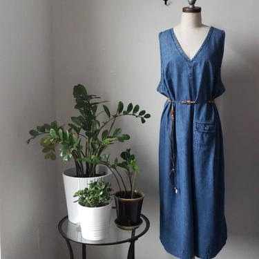 Vintage 90s Blue Denim Jumper Dress| Denim Maxi Dress 