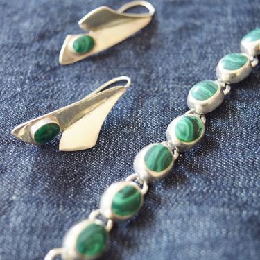 Green Agate and Sterling Silver Bracelet and Earring Set | Vintage Agate and Silver Suit | Minimalist | Modernist 