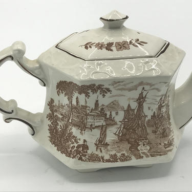 Vintage 1940s Royal Crownford Safe Harbour Ironstone Teapot, Staffordshire, England Brown Transferware 