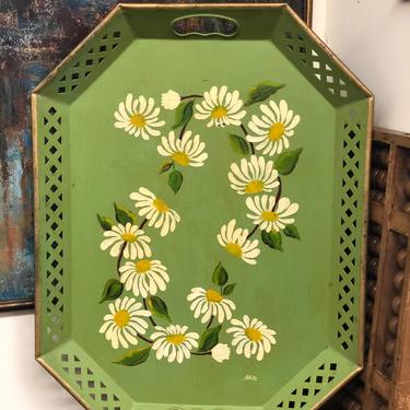 Vintage Signed Handpainted Metal Tray Daisy Chain w Gold Accents Cutout Pattern Edges Groovy Retro MCM Boho Style Kitchen Dining Decor 