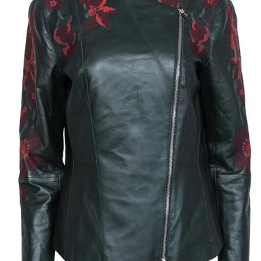 Lafayette 148 - Forest Green Floral Embroidered Zip-Up Leather Jacket Sz 10
