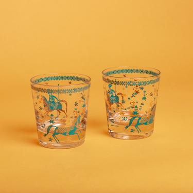 Set of 2 Vintage 50s Teal Blue Gold Novelty Short Clear Glass Cups 