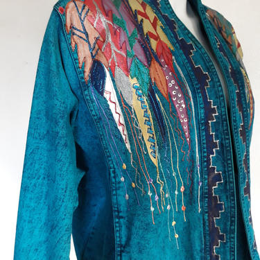 90's vintage denim jacket, hand painted jacket,  feather avant-garde jacket,  vintage acid wash jean jacket, s m l 