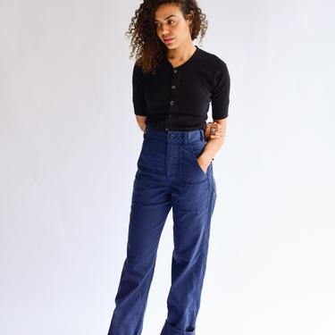 Vintage 25 Waist Navy Blue Utility Trousers | Worn in High Waist Cotton Poly Fatigues | Made in USA 