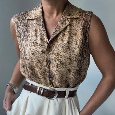 vintage semi sheer silk snake print button down collared sleeveless blouse 