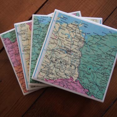 1993 Poland Czechoslovakia &amp; Hungary Vintage Map Coasters - Ceramic Tile Set of 4 - Repurposed 1990s Atlas - Handmade - Budapest - Warsaw 