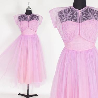 1950s Pink Tulle Evening Gown | 50s Strapless Evening Dress &amp; Bolero | Extra Small 