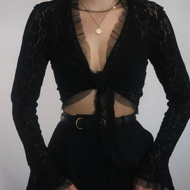 Vintage Lace Tie Top - Sheer Lace Cropped Tie Bolero Style Top - S/M 