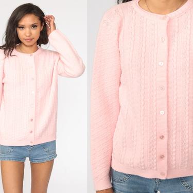 Pink Cardigan Sweater 70s Pointelle Open Weave Sheer Baby Pink Pastel Sweater Vintage Acrylic Knit 80s Slouchy Grandma Large 