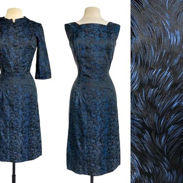 Vintage 50s pheasant feather blue and black brocade sheath dress and jacket 