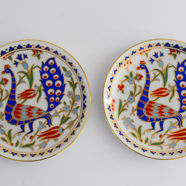 Pair of Bright Vintage Peacock Decorative Plates 