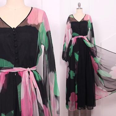 Vintage 1970's Travilla Sheer Floral Maxi • 70's Designer Maxi Dress • Size S/M 