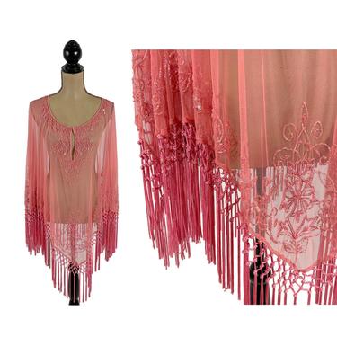 Y2K Pink Sheer Beaded Poncho Blouse, Romantic Flowy Cape Top, Bohemian Festival Elegant Evening, Summer Fringe Cover Up, 2000s Clothes Women 