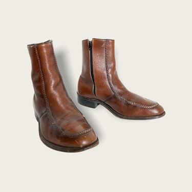 Vintage 1960s Leather Ankle Boots ~ 10 M ~ Shoes ~ Talon Zipper / Zip-Up ~ Beatle / Mod ~ Whipstitch / Moc Toe 