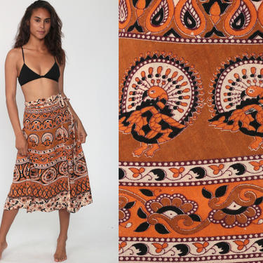 Indian WRAP Skirt Orange Hippie Skirt Cotton Batik PEACOCK Print Floral 90s Midi Boho Vintage Festival Bohemian Small Medium xs 