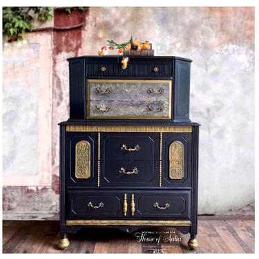 Black and Gold Vintage Chest.  Black Tallboy Dresser.  French Highboy.  French Dresser. Black Chest of Drawers. Carved Chest. 