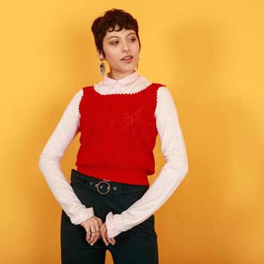 60s Bright Red Crochet Sweater Vest Vintage Woven Sleeveless Vest 