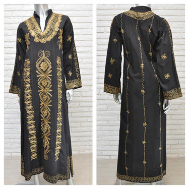 Black Kaftan Dress with Gold Embroidered Design Womens Vintage 70’s Ethnic Tunic Dress S/M 
