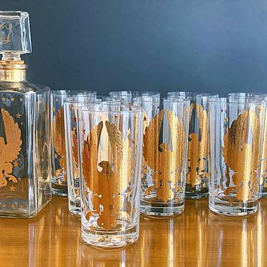 Mid century modern barware set Whiskey decanter & highball glasses Gay Fad gold Federal American eagle Patriotic bar glassware 