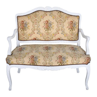 Vintage French Louis XVI Whitewashed Oak Loveseat Canape With Floral Upholstery 