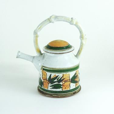 Vintage Japanese Teapot / Retro Bamboo Stoneware Teapot 