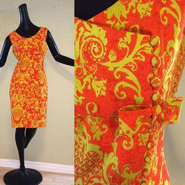 Vintage 60s MOD Baroque Dress! 1960s Mad Men Twiggy Sexy Fitted Sheath Asymmetric Bow Bright Persimmon Orange &amp; Chartreuse Linen Size Small 