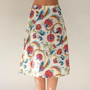 Vintage Y2K CELINE Linen Low Waist Skirt w/ Bohemian Watercolor Botanical Print | Made in France | 100% Linen | 2000s Designer A-Line Skirt 