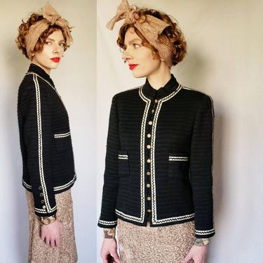 80s Chanel Wool Jacket Blazer Black and Cream / 80s Designer Chanel Boutique Button Down RTW Jacket with Pockets / Med 40 