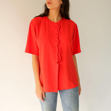 Vintage 70s 80s Pierre Cardin Tomato Red Scalloped Button Blouse | Secretary, Collarless, Bohemian | 1970s 1980s Designer Button Up Top 