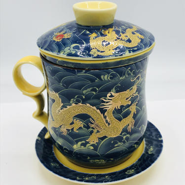 Vintage Blue Gold Dragon Japanese Porcelain Lidded Mug with Infuser And Saucer-Nice condition- 4 Pieces 