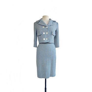 Vintage 50s blue houndstooth wool suit| pencil skirt & cropped jacket set 