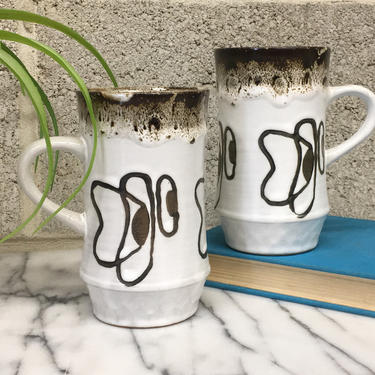 Vintage Japanese Mugs Retro 1960s Stoneware + Set of 2 Matching + White and Brown + Glazed + Coffee and Tea Cups + Kitchen and Home Decor 