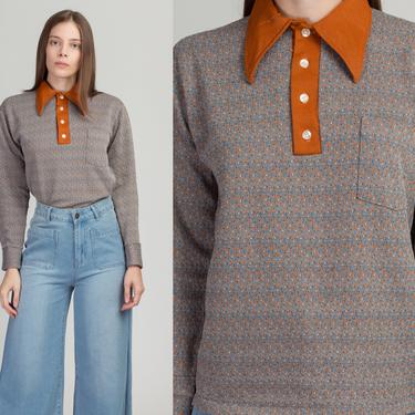 70s Blue & Orange Nep Shirt - Medium | Vintage Pointed Collar Retro Long Sleeved Top 