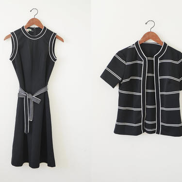 SALE~60s two pieces dress / black dress and stripe jacket 