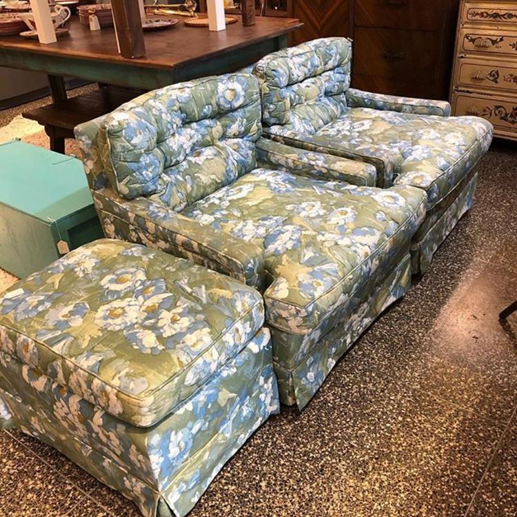                   Blue Floral Chairs $65 each! Ottoman $45!