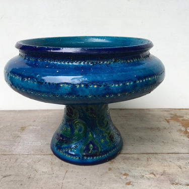 Bitossi Rimini Blue Compote, Mid Century Blue Paisley Console Bowl, Ceramic Fruit Bowl Made In Italy 