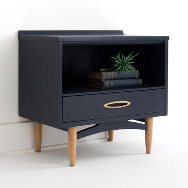 AVAILABLE Hand Painted Navy Blue Vintage Mid Century Modern End Table, Side Table, Night Stand, w/ Display Shelf &amp; One Drawer w/ Gold Pull 