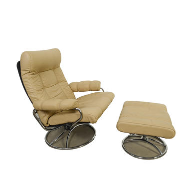 Cream Leather Ekornes Stressless Reclining Chair &amp; Ottoman Norway Mid Century Modern 