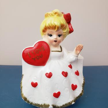 Vintage 1950's Valentine Planter / 60s Heart Girl Kitch Knick Knack Ceramic 