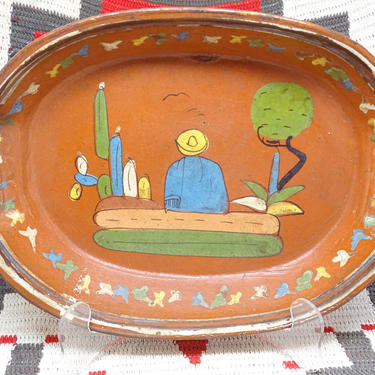 Antique Tlaquepaque Mexican Pottery Oval Bowl, Hand Made Primitive, Vintage Hand Painted Retro Southwestern Decor 