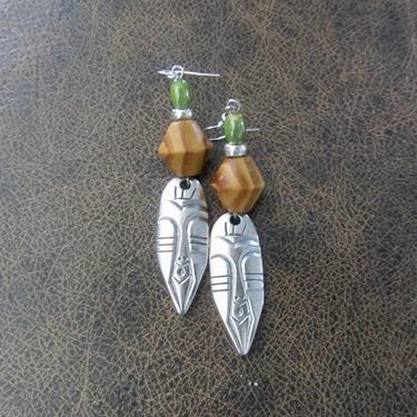 African mask earrings, tribal dangle earrings, wooden earrings, Afrocentric earrings, ethnic earrings, unique primitive earring, tiki green2 