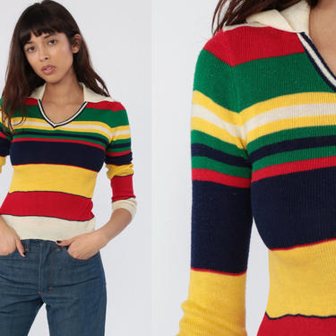 Primary Color Sweater 70s Knit STRIPED Sweater V Neck Knit Shirt Collared Blue Yellow Green 1970s Vintage Retro Lightweight Extra Small xs 