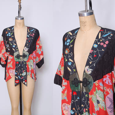Vintage 80s kimono top / Asian style blouse / 1980s floral patchwork top / boho blouse / vintage kimono blouse / embroidered jacket 