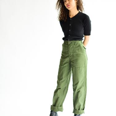 Vintage 25 Waist Army High Waist Pants | OG 107 | 100 Cotton Utility Fatigues Pant | Zipper Fly Green Fatigue Slim Trouser | Made in USA 