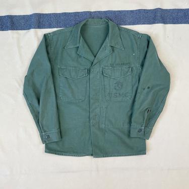 Size M Vintage USMC P-56 P-58 Olive Green Cotton Sateen Utility Shirt with Inner Map Pocket #2 