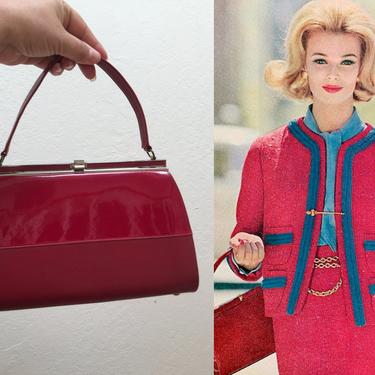 Channeling Her Inner Chanel - Vintage 1950s 1960s Cardinal & Apple Red Faux Patent Leather Vinyl Handbag Purse 
