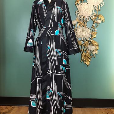 Vintage maxi dress, kimono style, mod geometric print, dressing gown, small medium, black and turquoise, obi belt, avant-garde, robe, wrap 