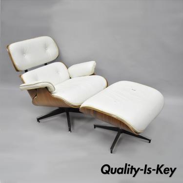 White Eames Style Lounge Chair and Ottoman Walnut Retro Modern Style Replica